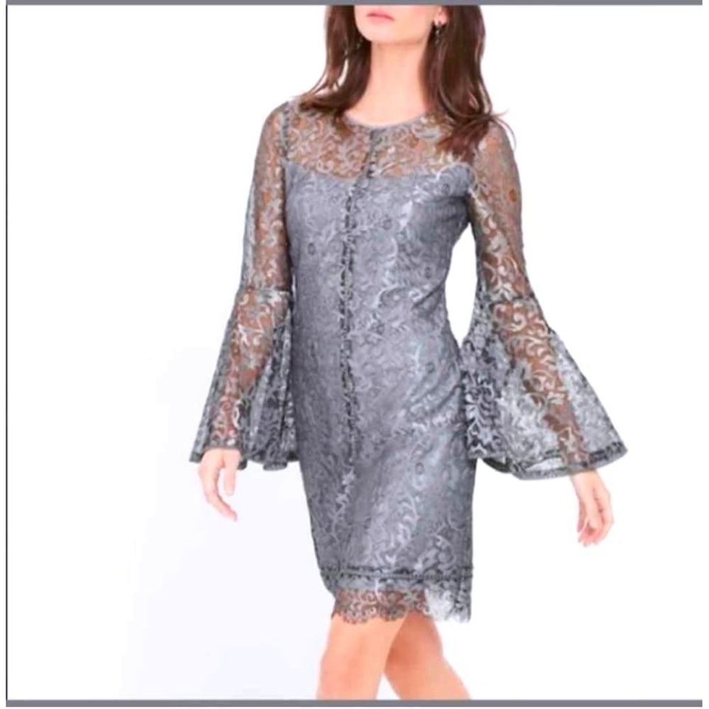 White House Black Market~Metallic Silver Lace Cocktail Dress~Bell Sleeves~Sz12